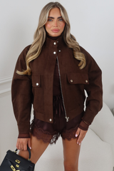 ANTONIA CHOCOLATE FAUX SUEDE HIGH COLLAR JACKET