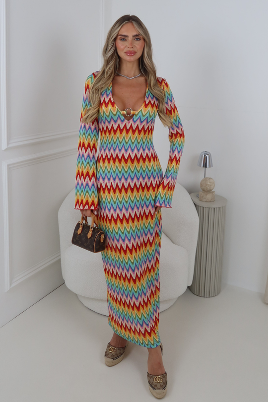 THIA MULTI RED ZIG ZAG CROCHET LONG SLEEVE MAXI DRESS