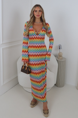 THIA MULTI RED ZIG ZAG CROCHET LONG SLEEVE MAXI DRESS