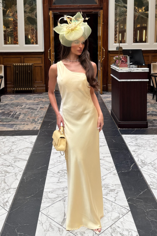MARIA LEMON LONG SATIN DRESS WITH BACK DETAILING
