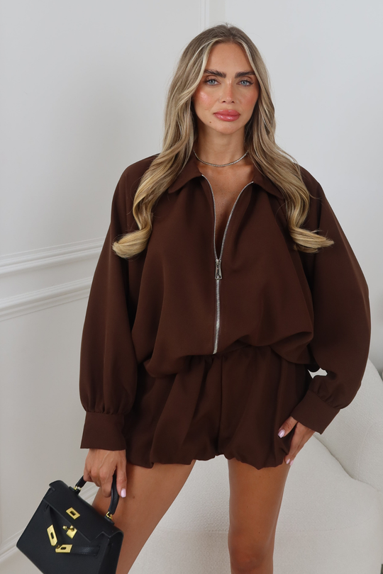 AZELEA CHOCOLATE PUFFBALL SHORTS AND ZIP UP JACKET CO ORD