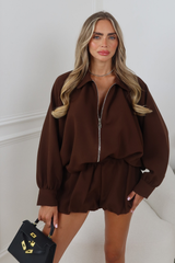 AZELEA CHOCOLATE PUFFBALL SHORTS AND ZIP UP JACKET CO ORD