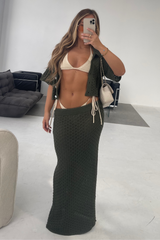 Diana Khaki Crotchet Cardigan Skirt Coord Co Ord