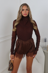 GEORGIA CHOCOLATE BROWN SATIN LACE TRIM SHORTS