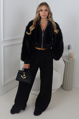 LEAH BLACK FUR CROPPED JACKET AND TROUSER CO ORD