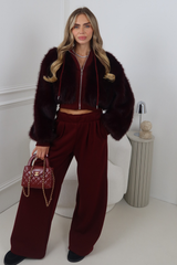LEAH BURGUNDY FUR CROPPED JACKET AND TROUSER CO ORD