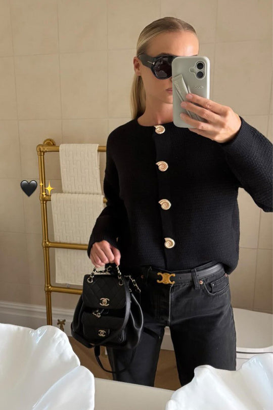 Annie black knit gold button cardigan