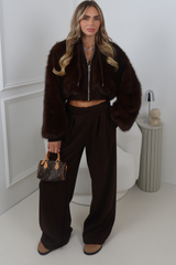 LEAH CHOCOLATE FUR CROPPED JACKET AND TROUSER CO ORD