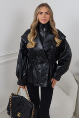ELISE BLACK CINCHED WAIST FAUX LEATHER JACKET