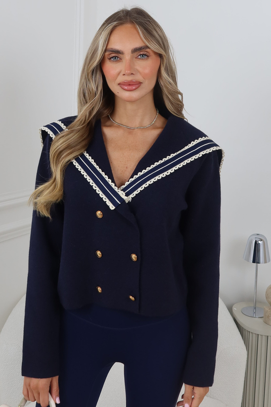 CHELSEA NAVY FOLD OVER NECK CARDIGAN