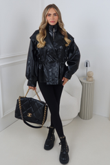ELISE BLACK CINCHED WAIST FAUX LEATHER JACKET
