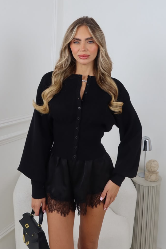 SHONA BLACK CINCHED WAIST CARDIGAN