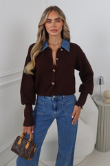 AVA CHOCOLATE GOLD BUTTON UP CARDIGAN WITH DENIM COLLAR