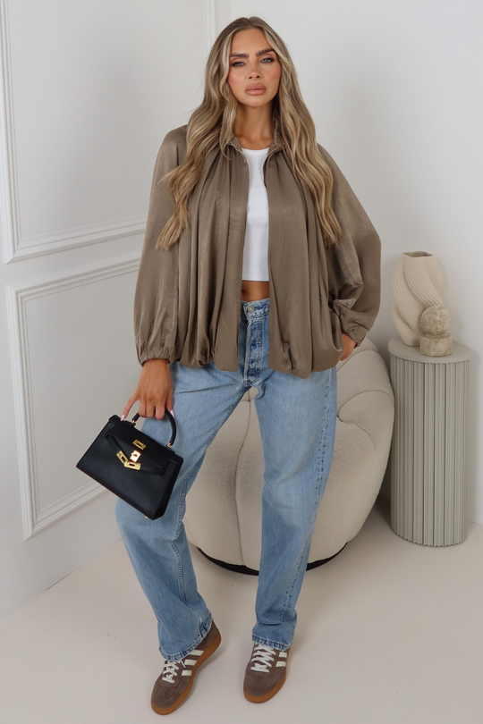 Eleanor mocha zip up satin bomber jacket