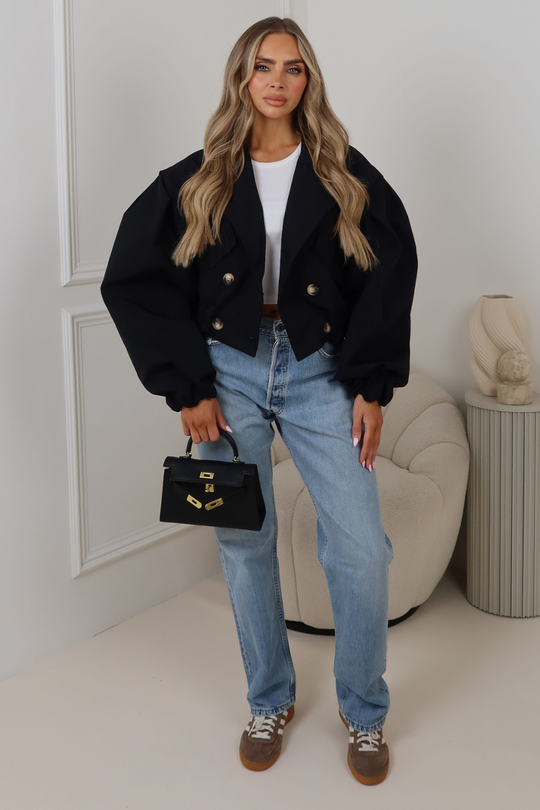 Rhi black cinched waist cropped trench jacket