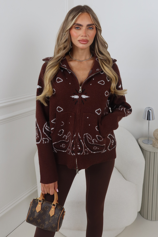 PAISLEY CHOCOLATE KNITTED FULL ZIP HIGH NECK CARDIGAN