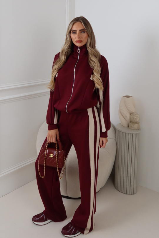 FRANKIE BURGUNDY DOUBLE STRIPED TROUSER LOUNGEWEAR SET