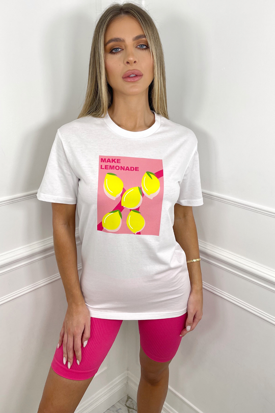 Pink lemonade printed white tee