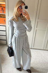 HONEY GREY SHOULDER PADDED CINCH WAIST TOP AND BALLOON TROUSER CO ORD