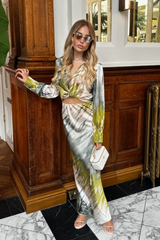 Kalli khaki satin blouse and midi skirt co-ord