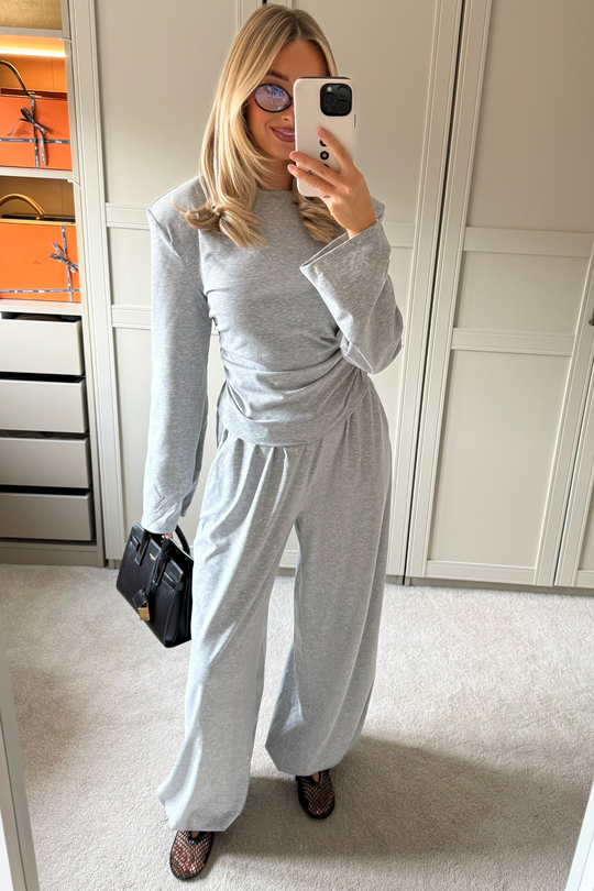 HONEY GREY SHOULDER PADDED CINCH WAIST TOP AND BALLOON TROUSER CO ORD