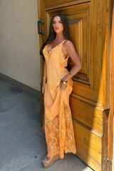 Tiah orange satin lace trim maxi dress