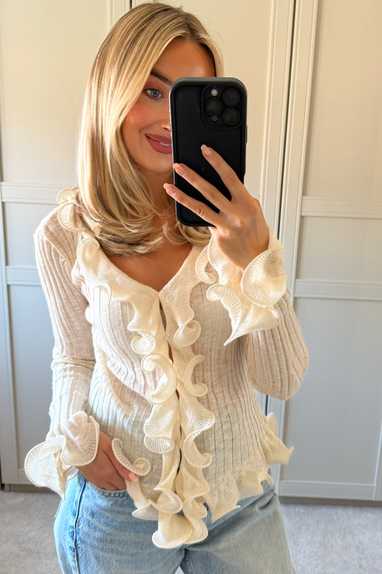 KIERA CREAM KNITTED RUFFLE LONG SLEEVE TOP