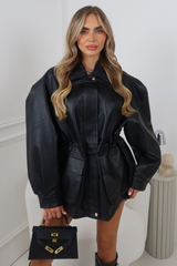 CARRIE BLACK LEATHER OVERSIZED COLLARED JACKET