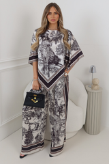 DELIA BLACK TROPICAL PRINT SATIN CAPE TOP & TROUSER TWO PIECE SET