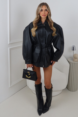 CARRIE BLACK LEATHER OVERSIZED COLLARED JACKET