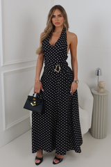 LOIS BLACK POLKA DOT HALTER NECK MAXI DRESS