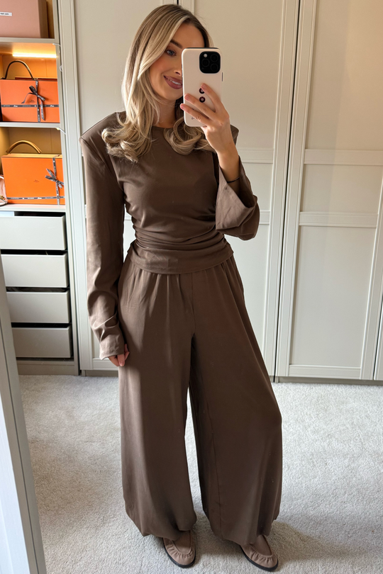 HONEY TAUPE SHOULDER PADDED CINCH WAIST TOP AND BALLOON TROUSER CO ORD
