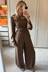 HONEY TAUPE SHOULDER PADDED CINCH WAIST TOP AND BALLOON TROUSER CO ORD