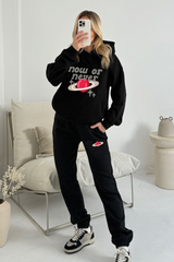 Now or never black printed hoodie joggers premium loungewear