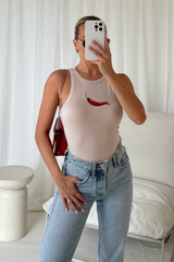 Chilli beige embroidered ribbed Vest