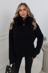 NOLA BLACK KNITTED ZIP UP WITH FUR HOOD