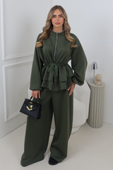 LYLA KHAKI CINCH WAIST ZIP UP JACKET AND WIDE LEG JOGGER CO ORD