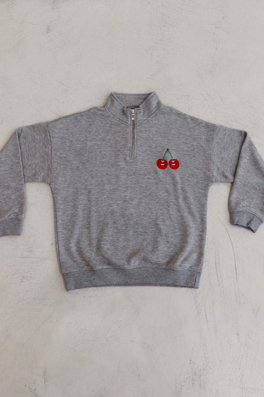 Mini cherry melange grey embroidered 3/4 zip sweater