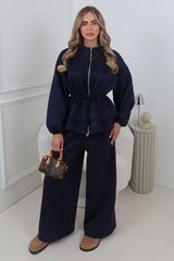 LYLA NAVY CINCH WAIST ZIP UP JACKET AND WIDE LEG JOGGER CO ORD