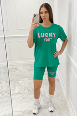 Lucky you bottle green printed cycling short coord Co Ord
