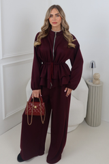LYLA BURGUNDY CINCH WAIST ZIP UP JACKET AND WIDE LEG JOGGER CO ORD