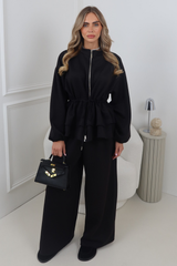LYLA BLACK CINCH WAIST ZIP UP JACKET AND WIDE LEG JOGGER CO ORD