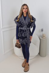 SHERLY NAVY PAISLEY PRINT TIE WAIST CARDIGAN
