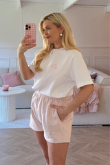 SELF LOVE SOCIETY PINK & WHITE EMBROIDERED SHORTS HANNAH BRIGGS