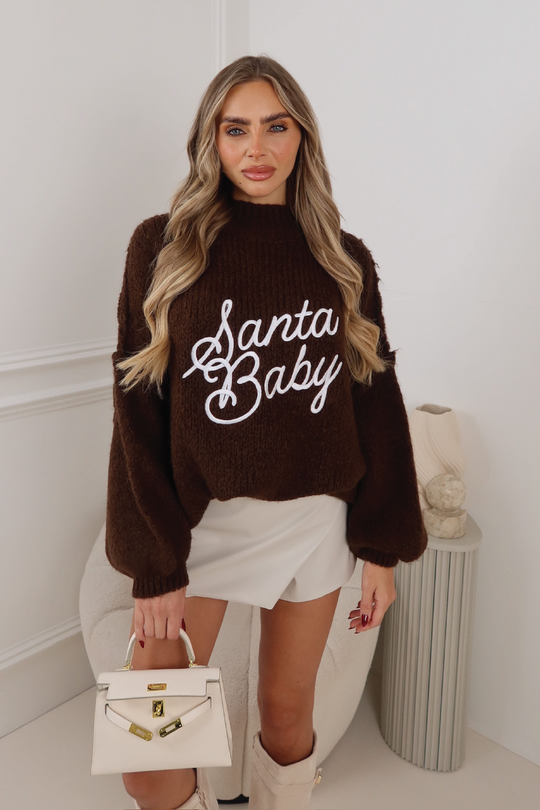 Santa baby chocolate embroidered knitted jumper