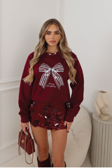 CHRISTMAS BOW BURGUNDY PRINTED SWEATER