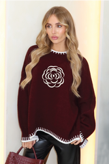 Rose embroidered burgundy knit jumper