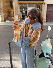 FLORENCE FLUFFY DEER PRINT JACKET WITH BLUE FUR COLLAR AND CUFFS