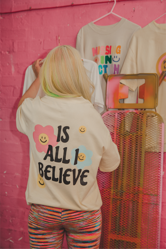 Love, life & laughter ecru heavyweight back print t-shirt