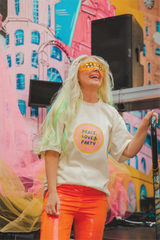 Peace, love & party ecru heavyweight back print t-shirt